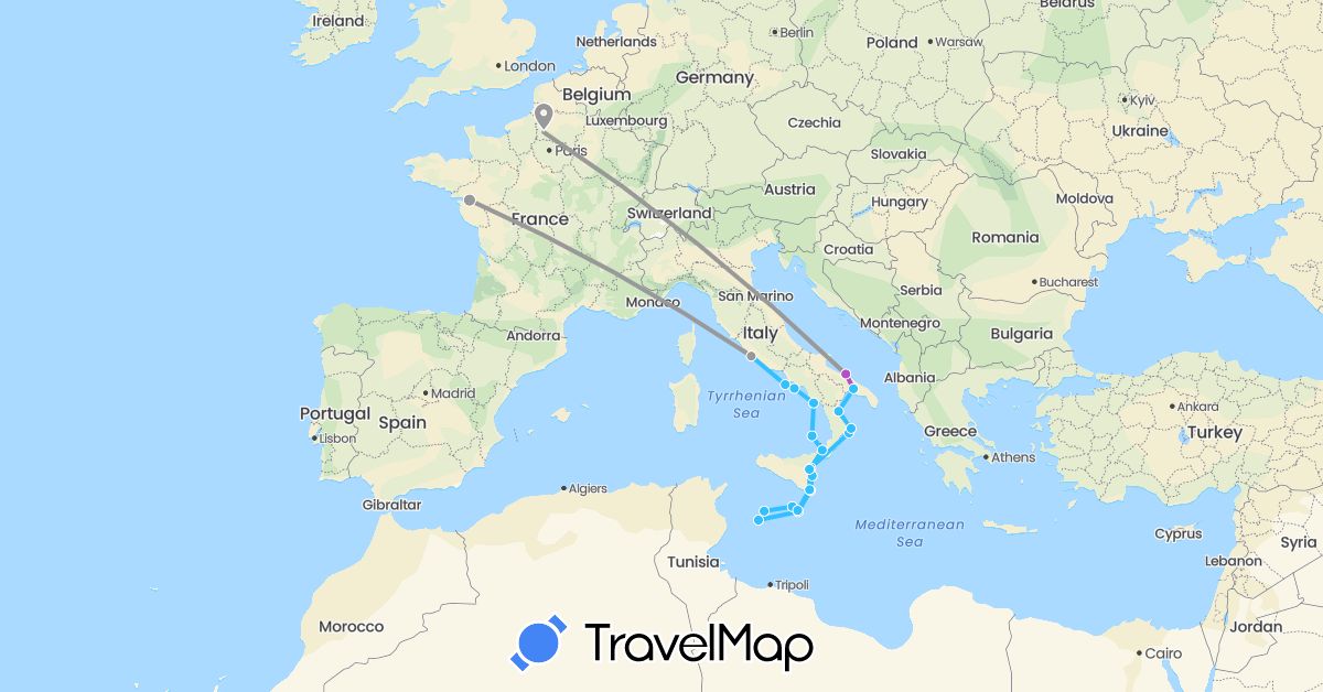 TravelMap itinerary: plane, train, boat in France, Italy, Malta (Europe)